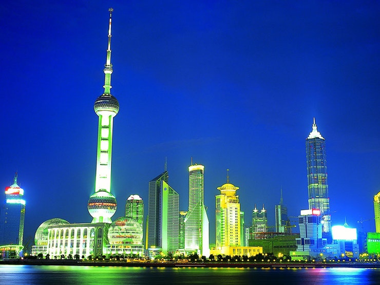 China city skyline at night neon colors 