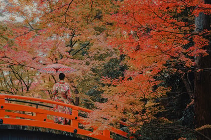 Kyoto bridge with autumn foliage