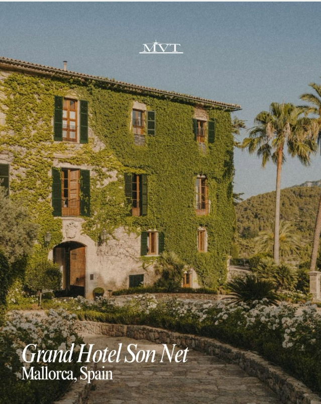 Grand Hotel Son Net in Mallorca features an ivy-covered façade, green shutters, and landscaped gardens with palm trees.