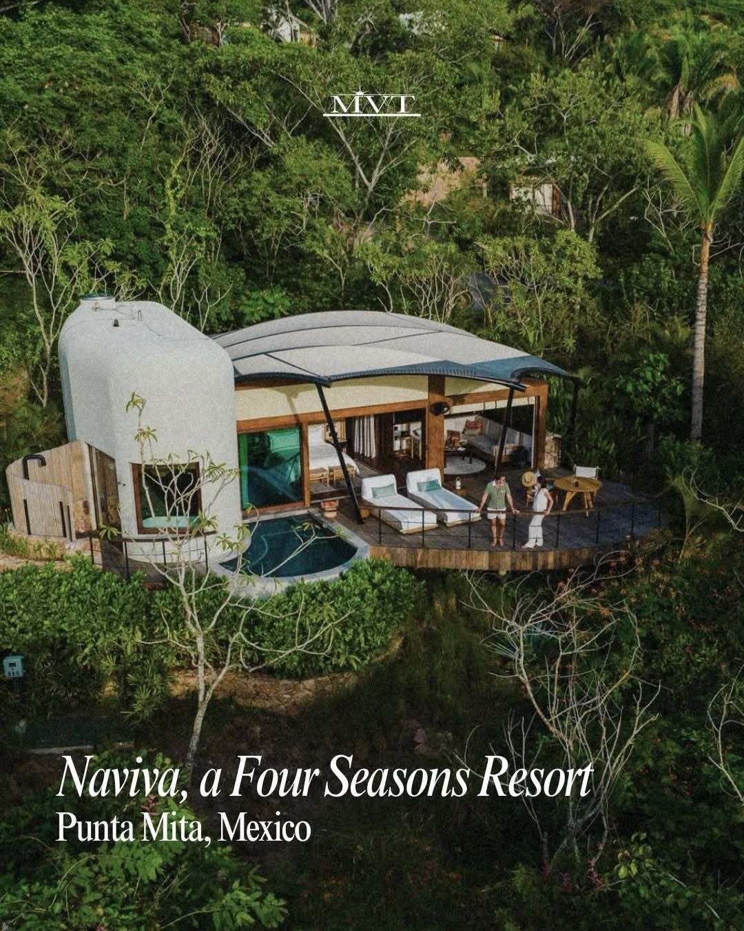 Aerial view of a modern resort villa with a private pool in dense forest. Visible text: "Naviva, a Four Seasons Resort."