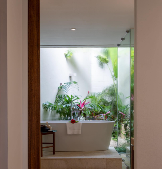 Minimalist bathroom with a white soaking tub, glass wall, and leafy courtyard creating an indoor-outdoor spa setting.