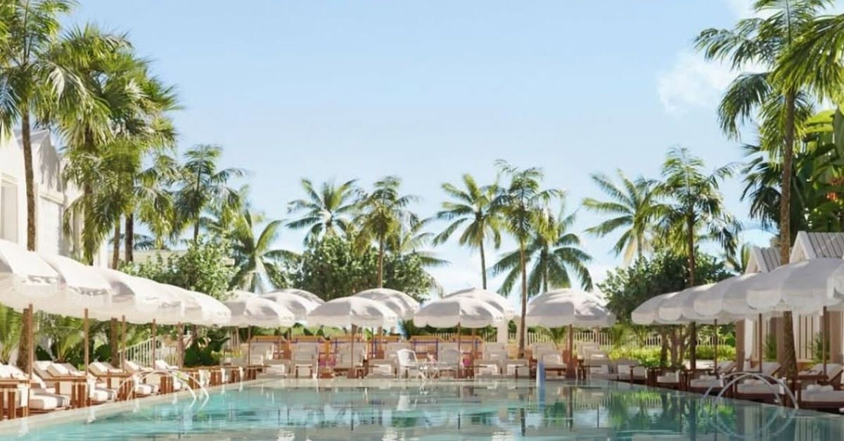 Serene resort pool framed by palm trees, white loungers and umbrellas, with rolled towels in the foreground.