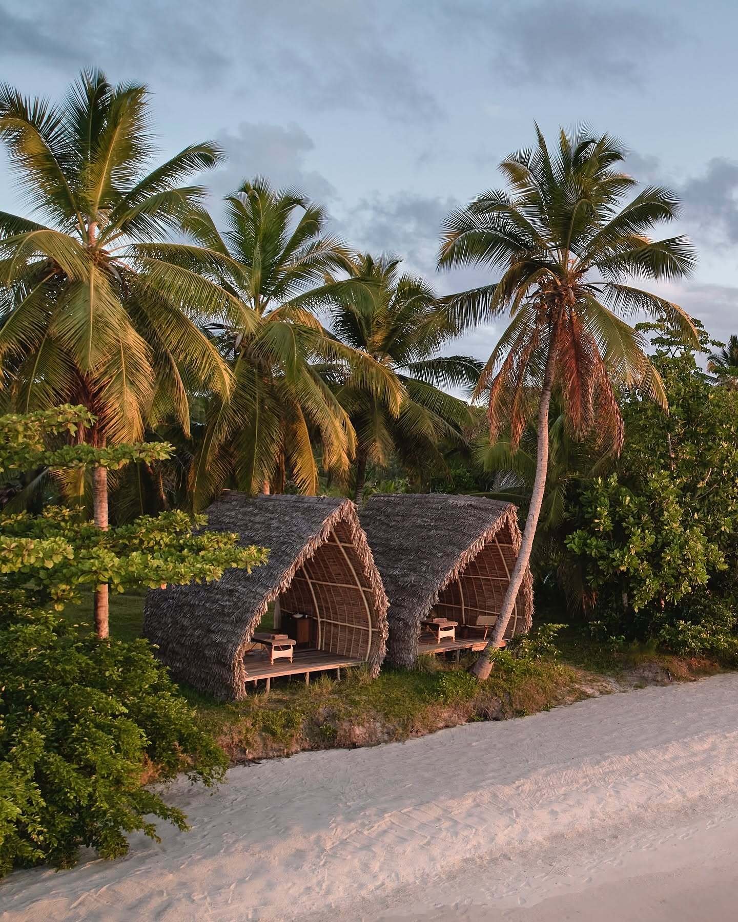 Two open-air thatched huts sit beside a sandy beach, surrounded by tall palm trees and dense tropical greenery.