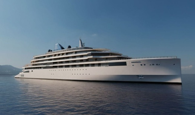 Side view of the sleek white Amangati yacht cruising on calm water, featuring multiple decks and dark window bands.