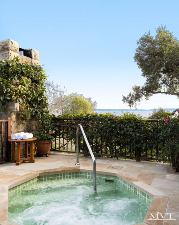 Outdoor spa surrounded by stone paving and leafy vines, with rolled towels, a large tree, and water beyond.