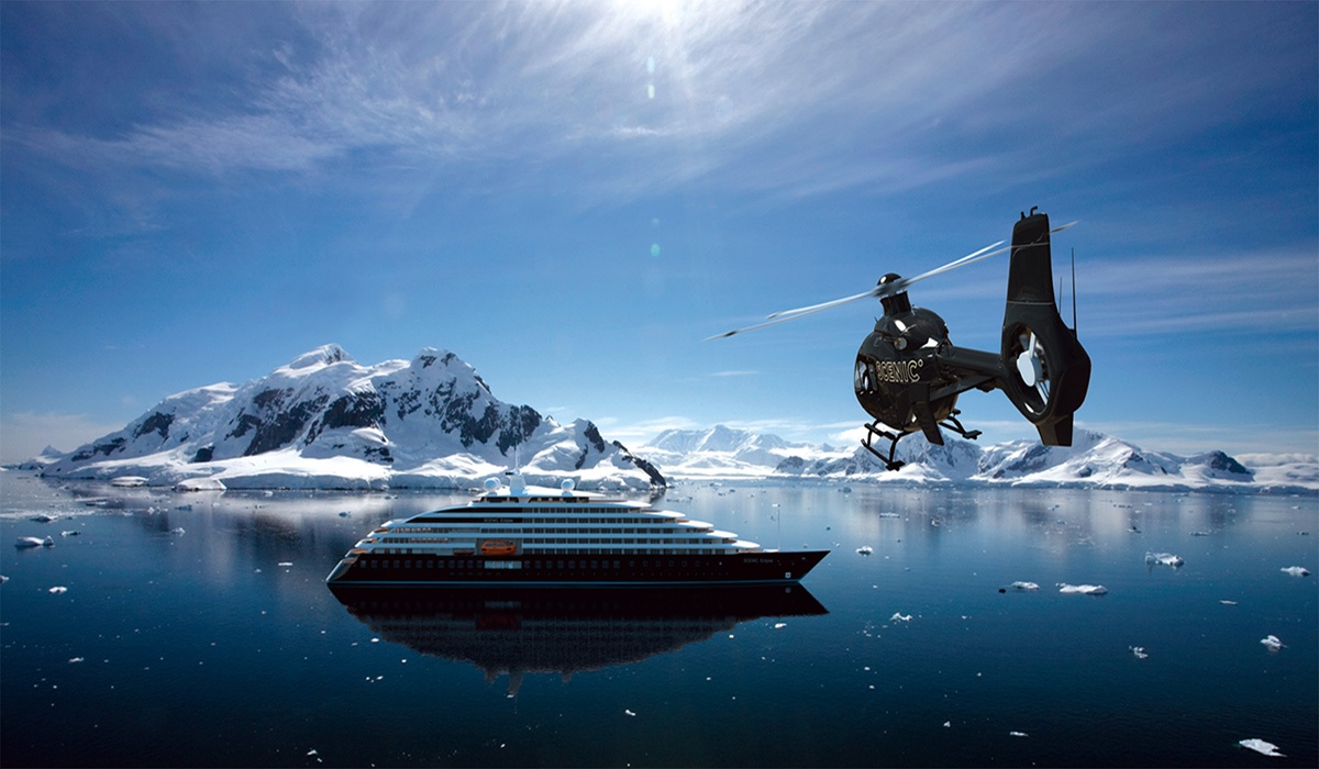 Scenic Eclipse Helicopter over Arctic cruise ship