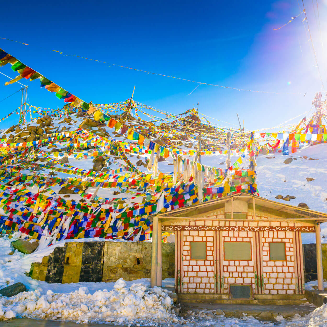 Indian Himalayas colourful prayer flags on building