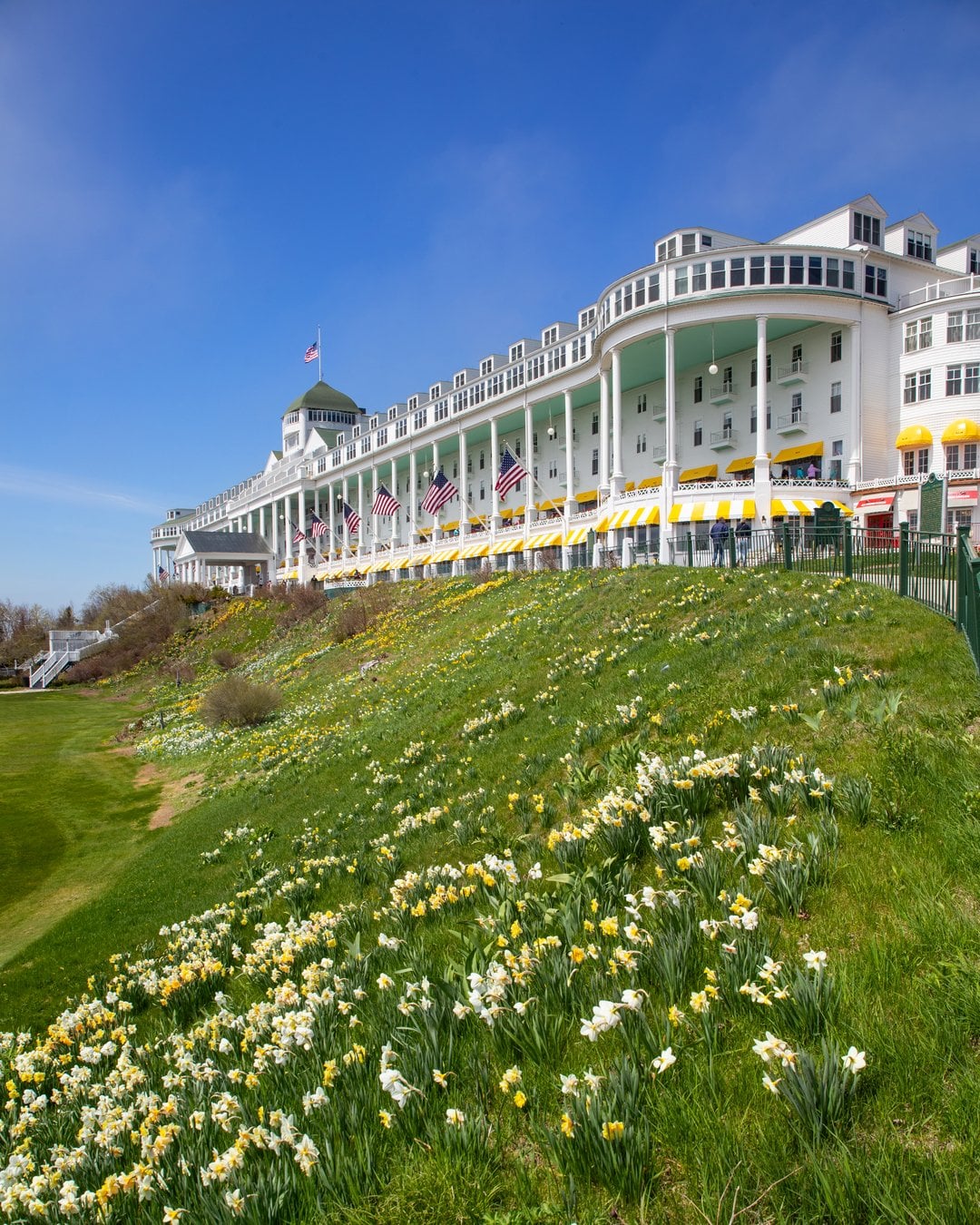 Spring daffodils below the Grand Hotel porch on Mackinac Island