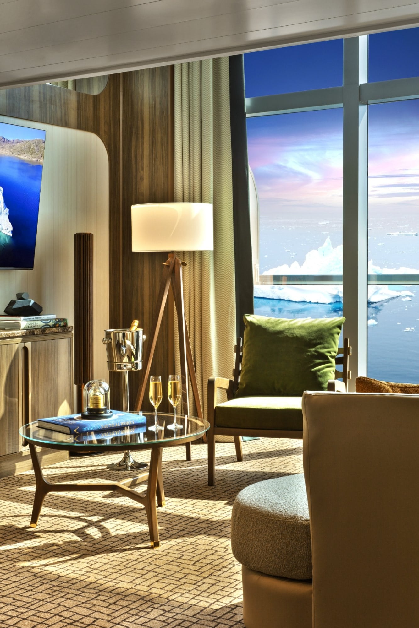 Seabourn suite living room with Champagne and a window view of sea ice